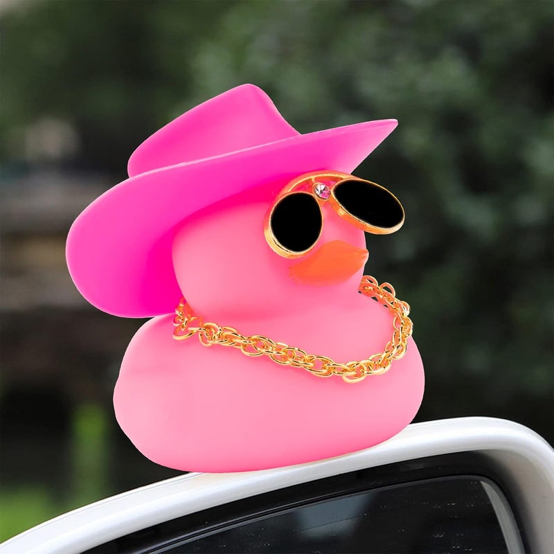 wonuu Car Dashboard Decorations Rubber Duck Accessories with Swim Ring, Sunglasses, Hat and Necklace, Pink Cowboy Duck - Image 5